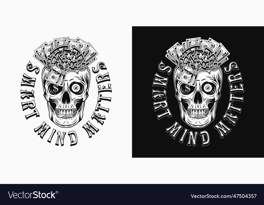 Label with skull labyrinth money text Royalty Free Vector