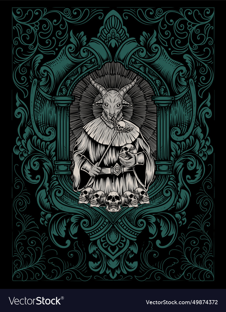 Scary baphomet on engraving ornament frame Vector Image