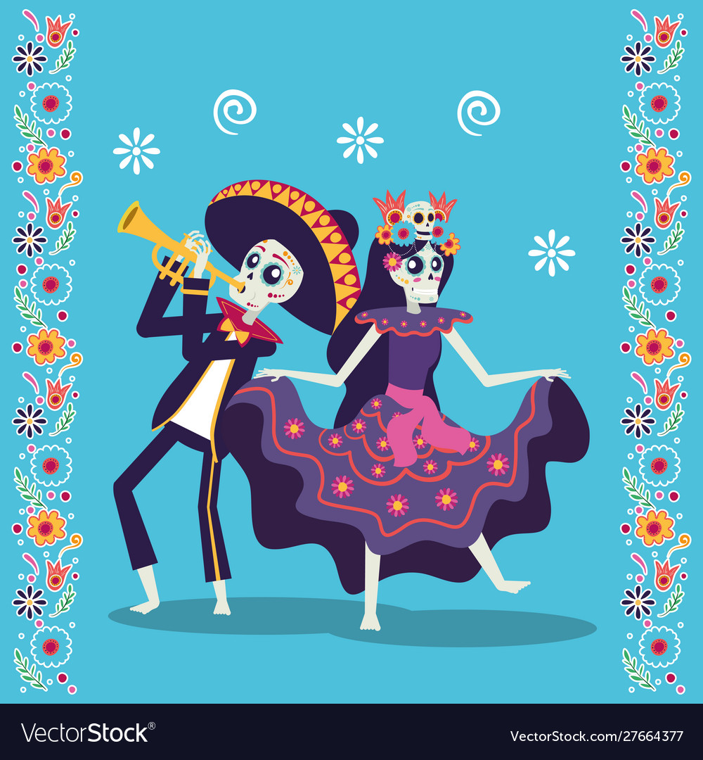 Dia de los muertos card with mariachi playing vector image Dia de los muertos card with mariachi playing