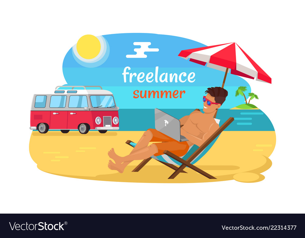 Freelance summer promo poster with man on beach