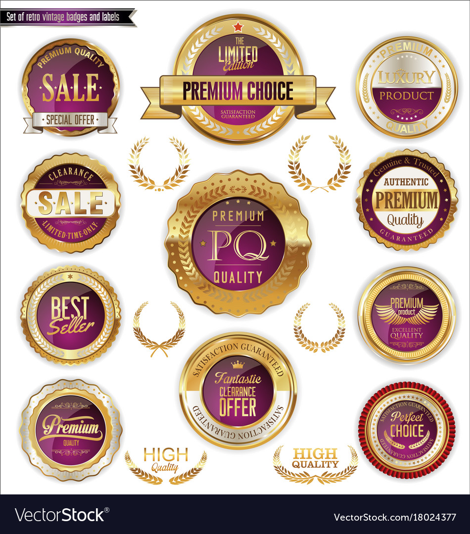 Golden badges and labels with laurel wreath
