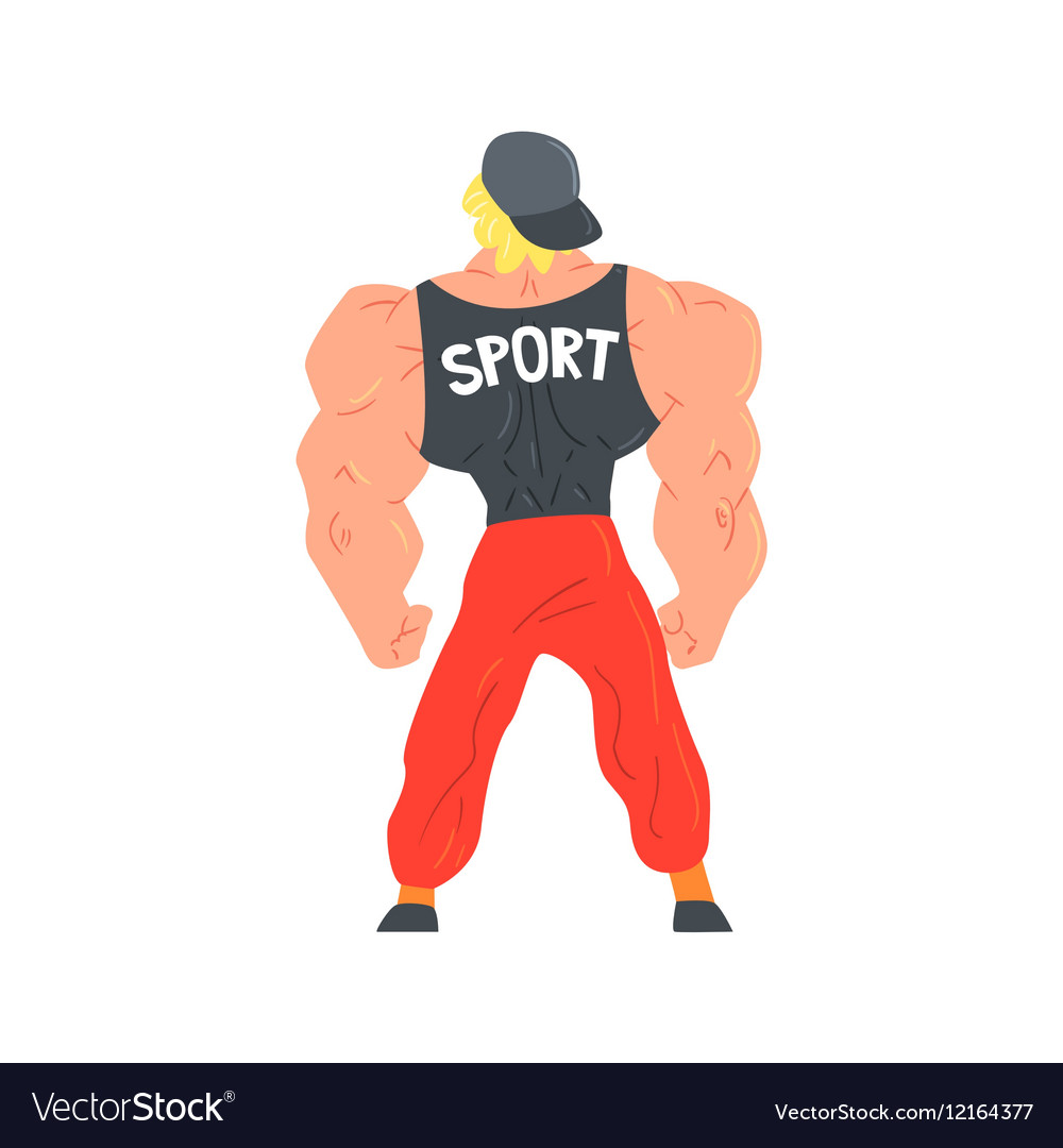 Man in red sportive pants and cap bodybuilder