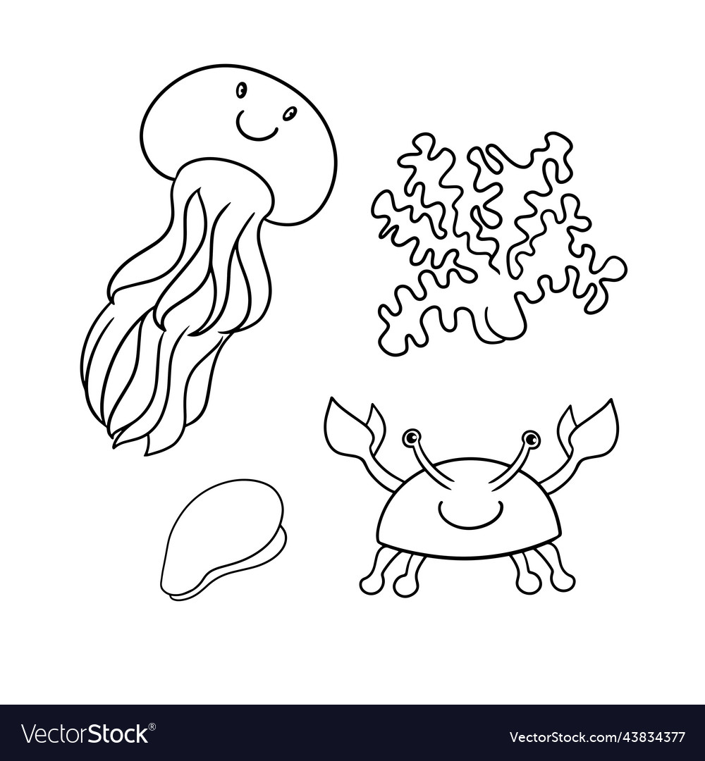 Monochrome set of icons cute sea characters