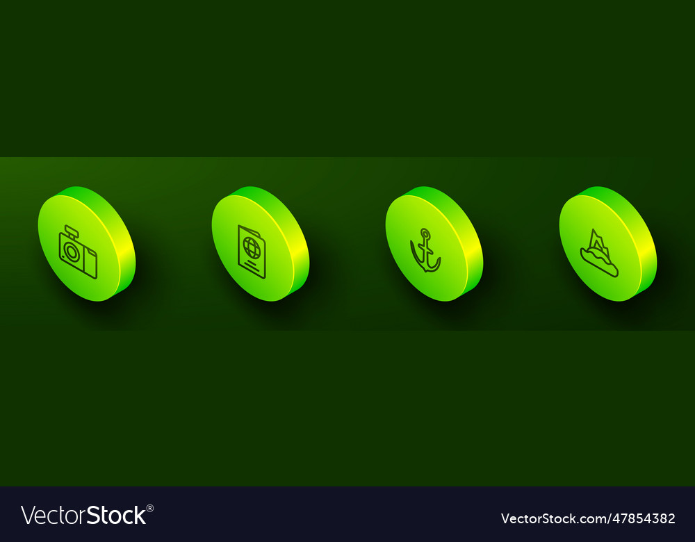 Set isometric line photo camera passport anchor