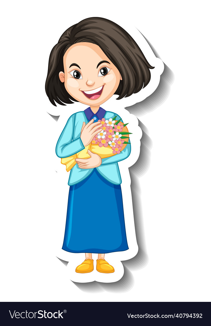 A girl holding bouquet cartoon character sticker Vector Image