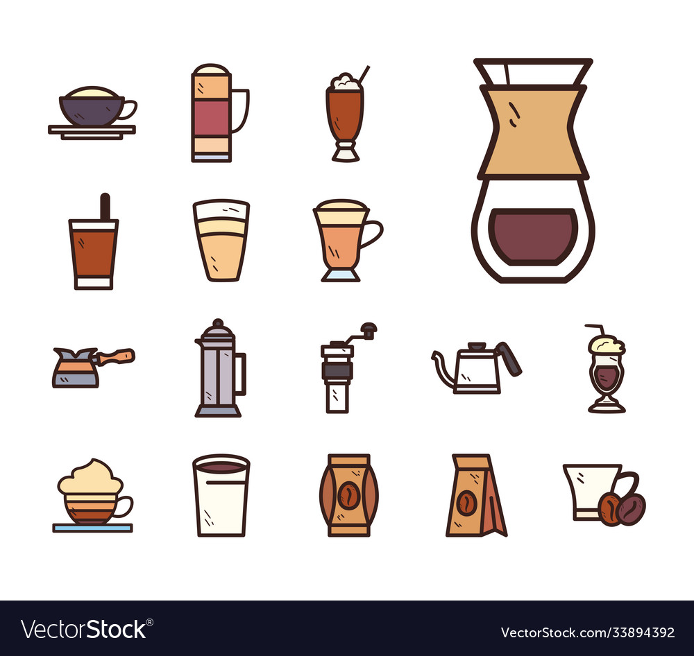 Coffee Line And Fill Style Collection Icons Vector Image