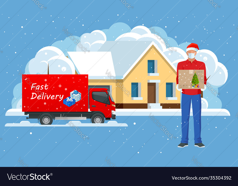 Delivery trucks delivering christmas gift and Vector Image