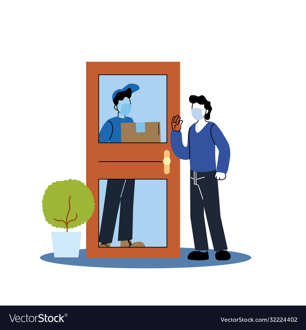 Client And Delivery Man With Mask And Box Behind Vector Image