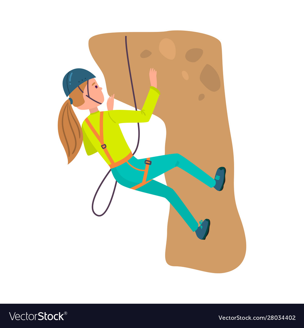 Girl alpinist in blue helmet climbing hill Vector Image