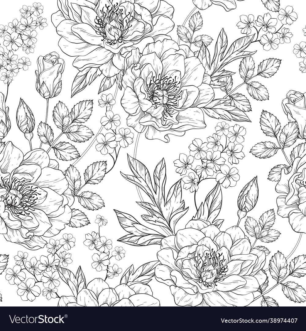 Seamless floral pattern with peony flowers black Vector Image