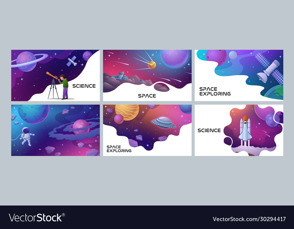 Four colorful space and science poster designs