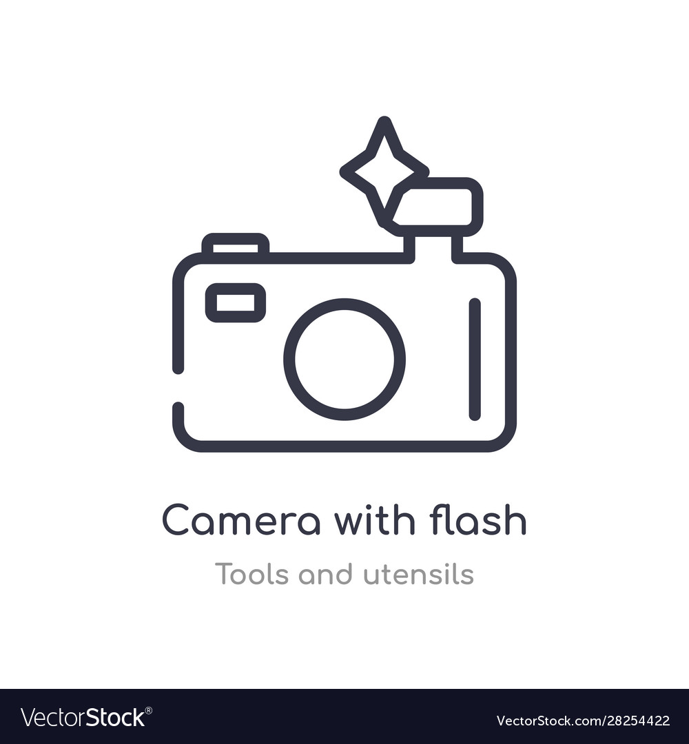 Camera with flash outline icon isolated line from