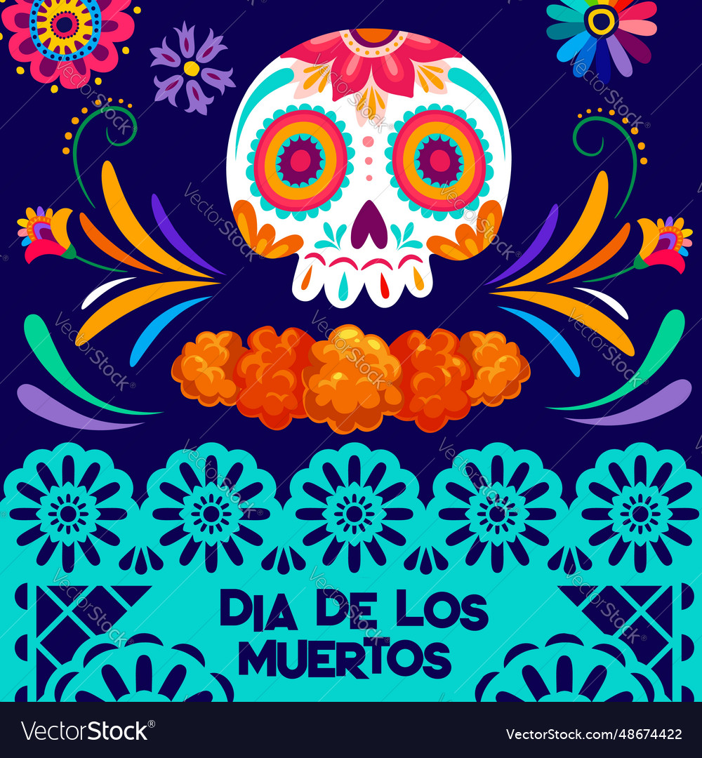 Day of dead mexican papel picado skull flowers Vector Image