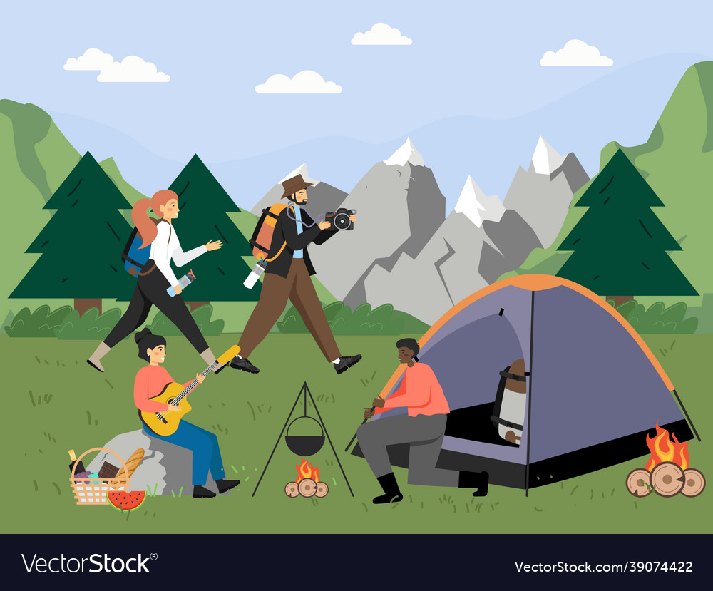 Happy couples hiking camping flat Royalty Free Vector Image