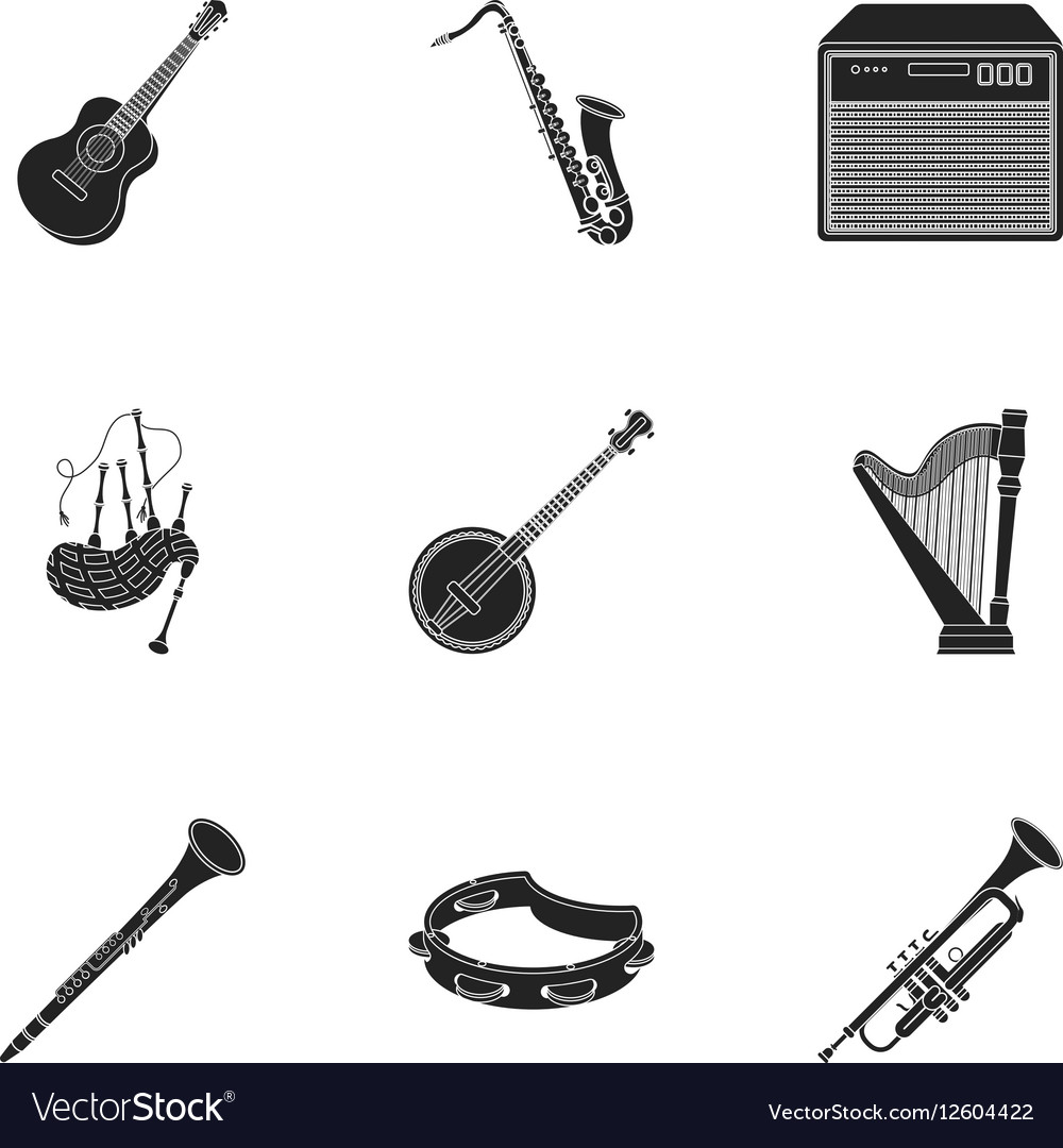 Musikinstrumente Set Icons im schwarzen Stil groß
