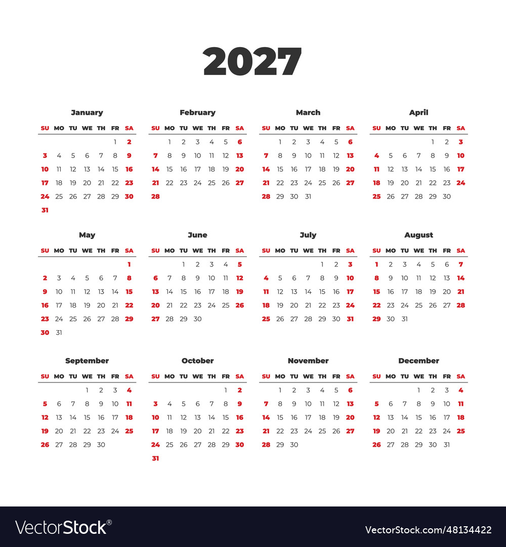Simple calendar on 2027 start from sunday Vector Image