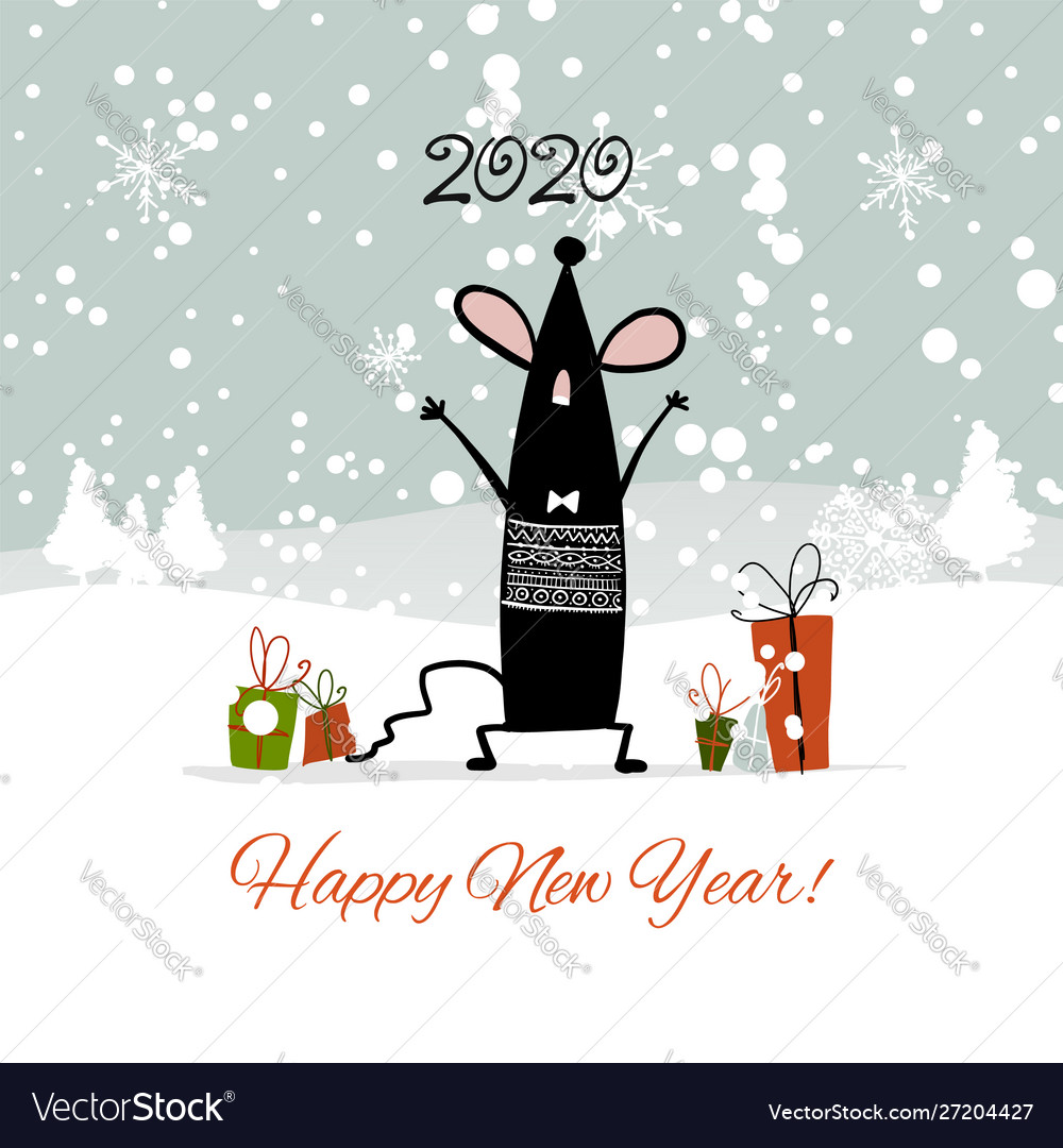 Christmas card with funny mouse in winter forest