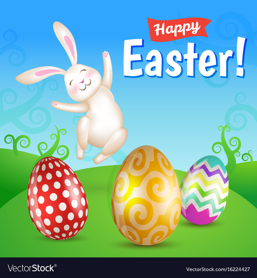 Easter eggs and white jumping bunny in the meadow