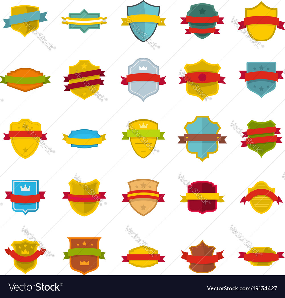 Shield badge icons set flat style Royalty Free Vector Image