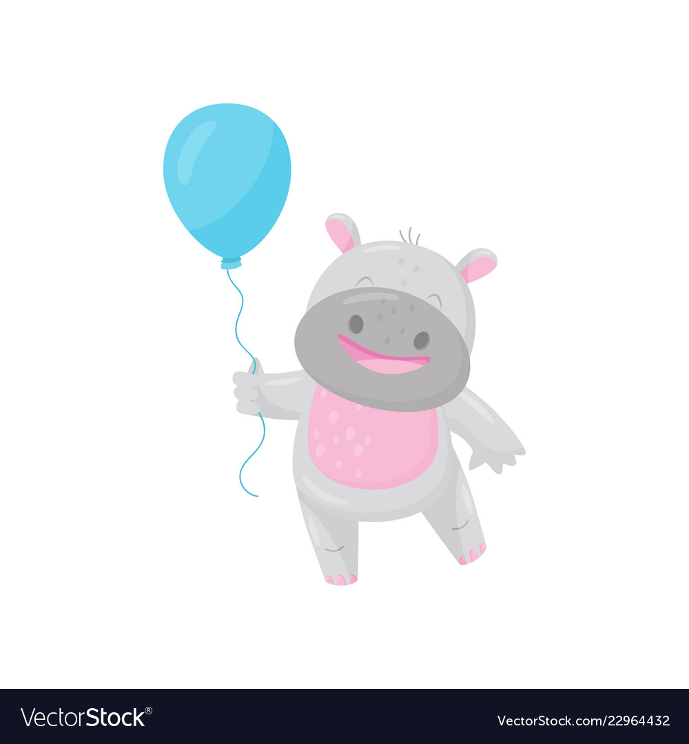 Cute smiling hippo with a blue balloon lovely