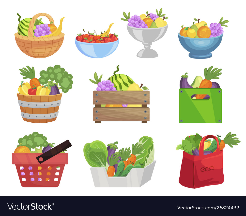 Fruits and vegetables in containers flat Vector Image