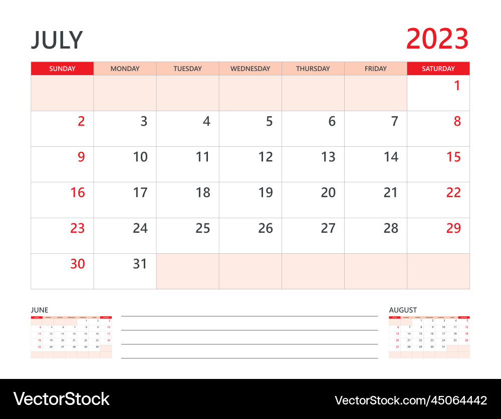 Calendar 2023 template on red background july Vector Image