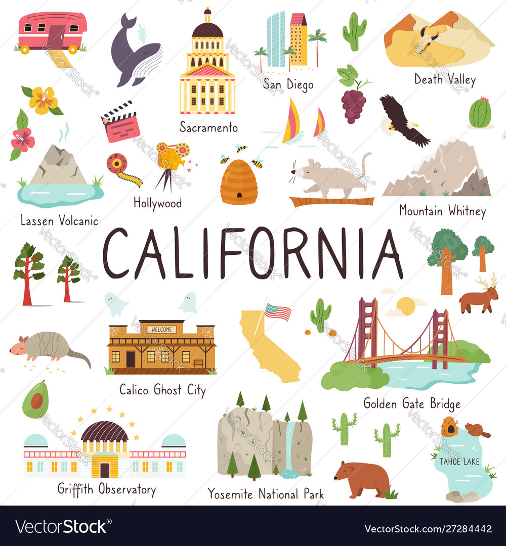 california-big-set-landmarks-monuments-symbols-vector-image