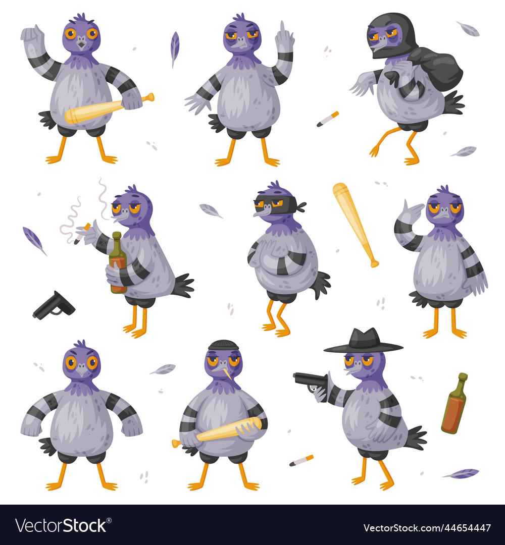 Pigeon bandit character with bat and handgun Vector Image