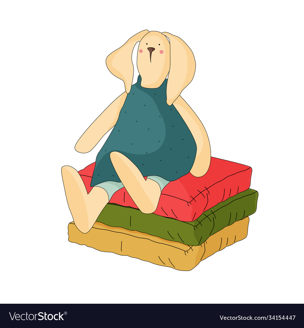 Vintage cartoon rabbit hare sitting on pillows