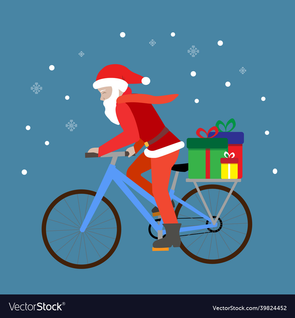 Cute christmas card with young santa riding a bike