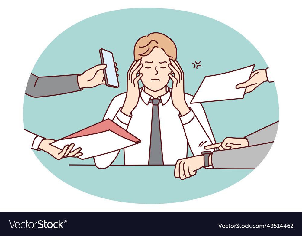 Annoyed businessman overwhelmed workload Vector Image