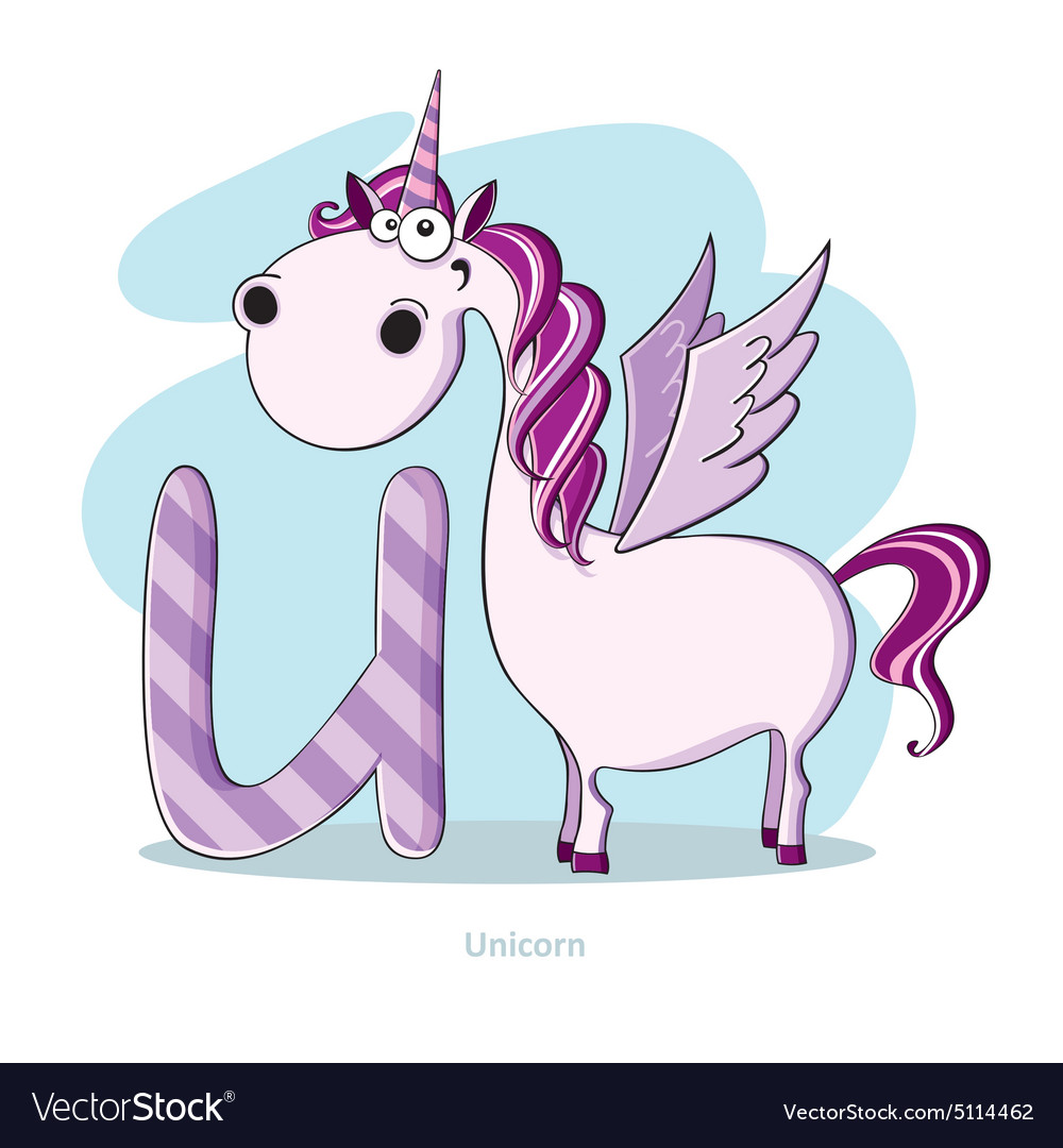 Cartoons alphabet - letter u with funny unicorn