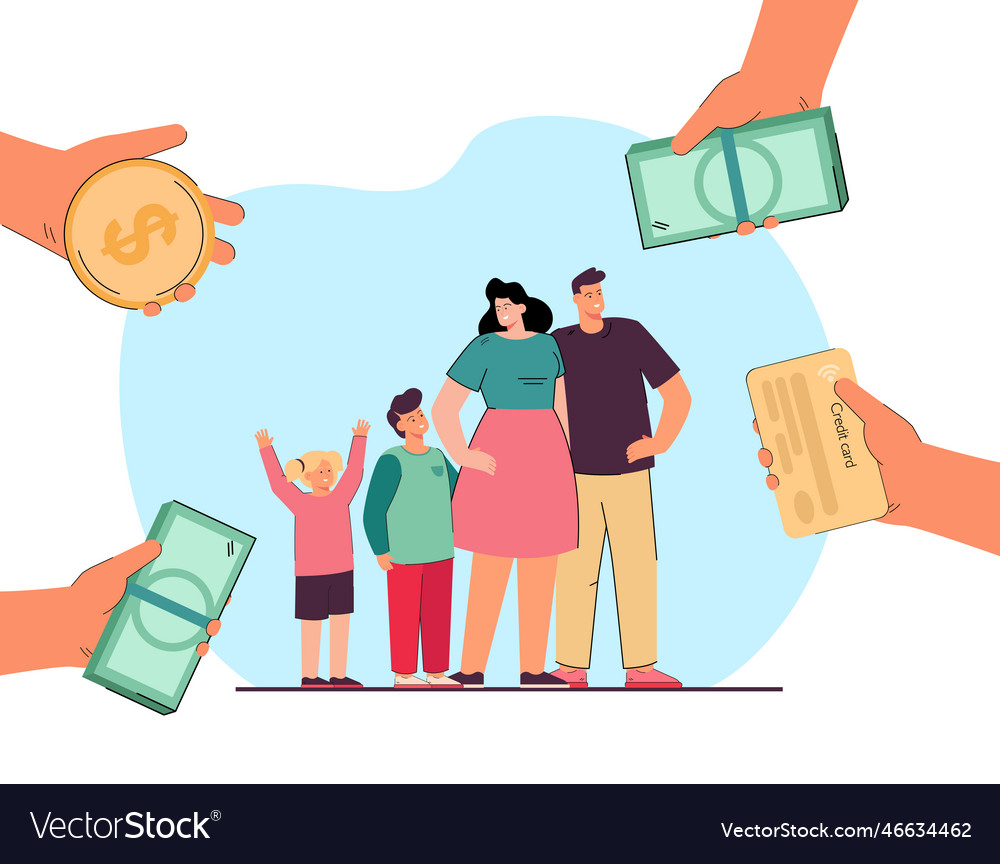 Hands of people giving money to happy family Vector Image