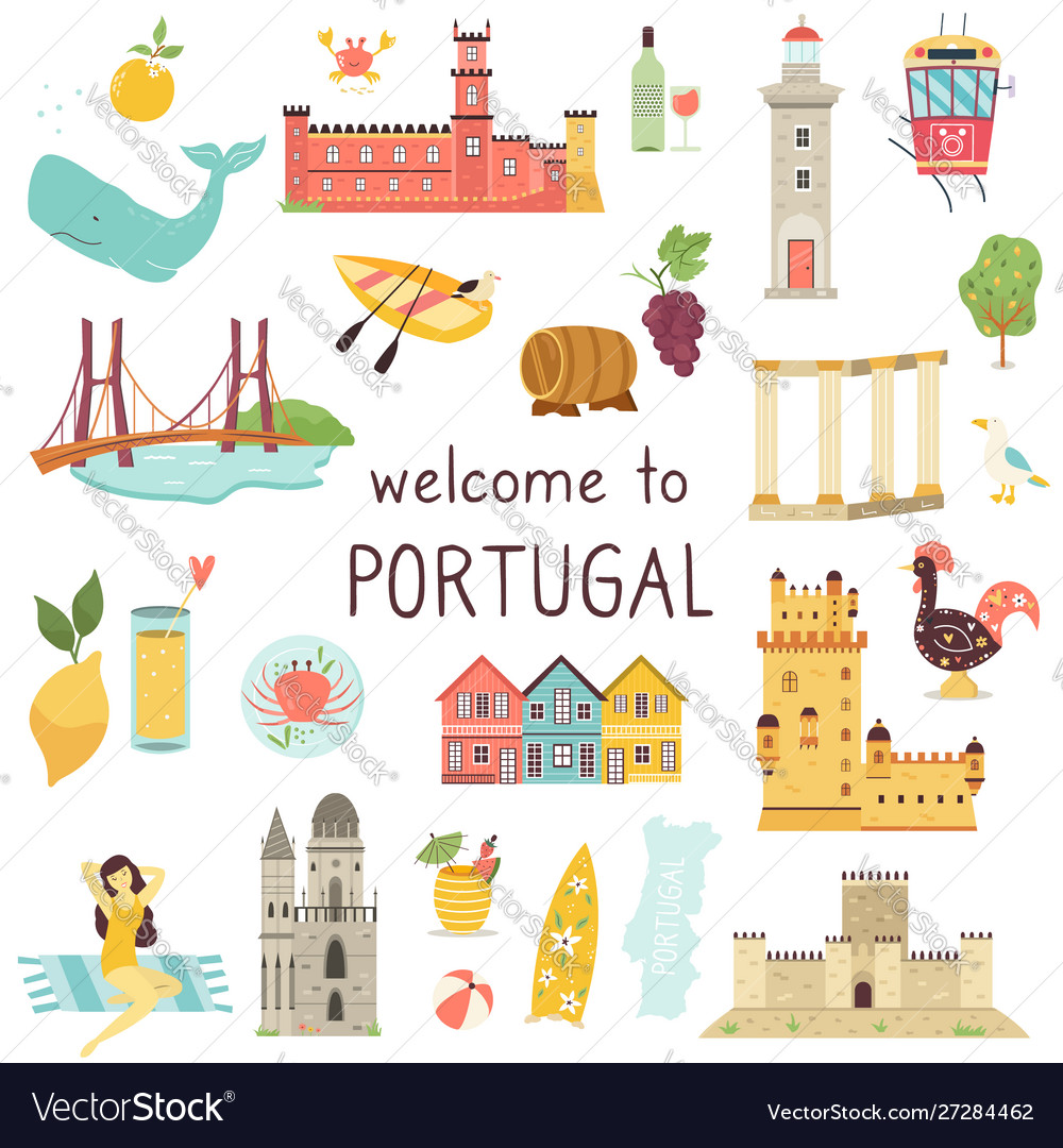 Set Portuguese Icons Landmarks Elements Animals Vector Image