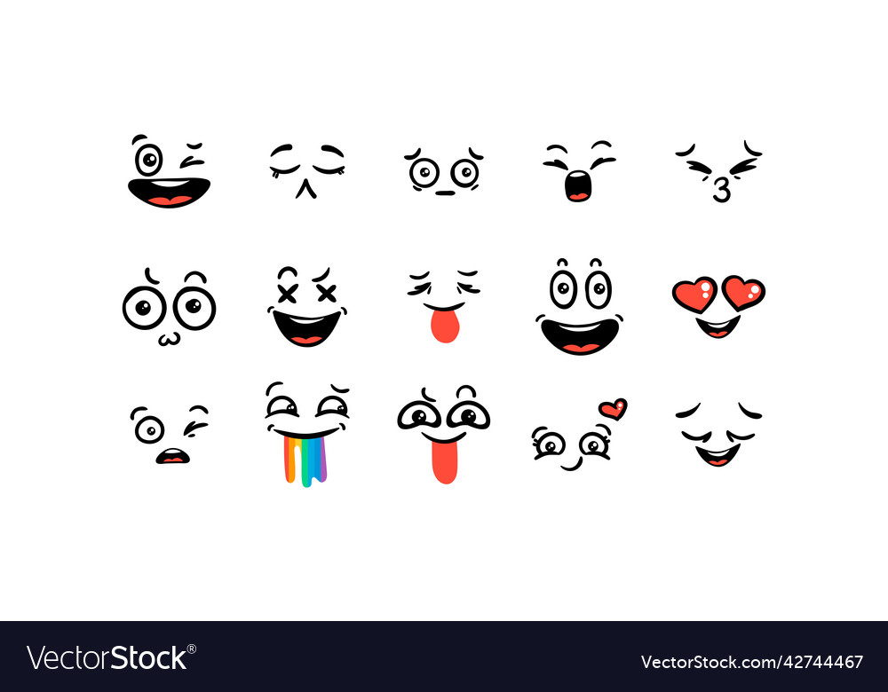 Various cartoon emoticons set doodle faces eyes Vector Image