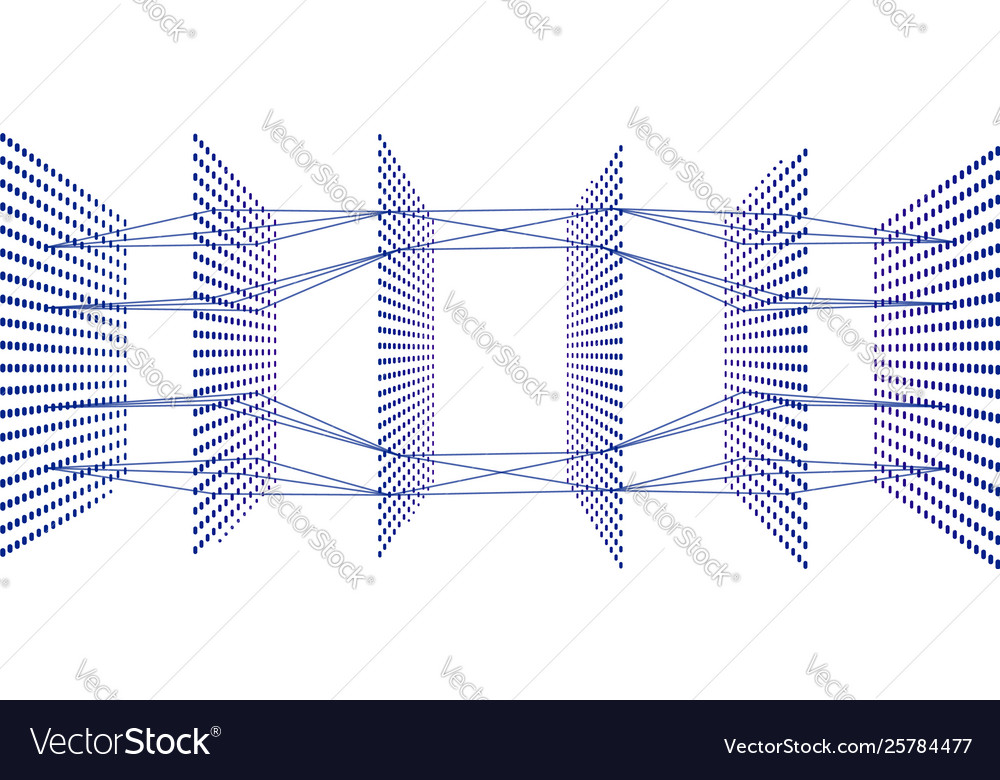 Artificial neural network with six layers 3d view