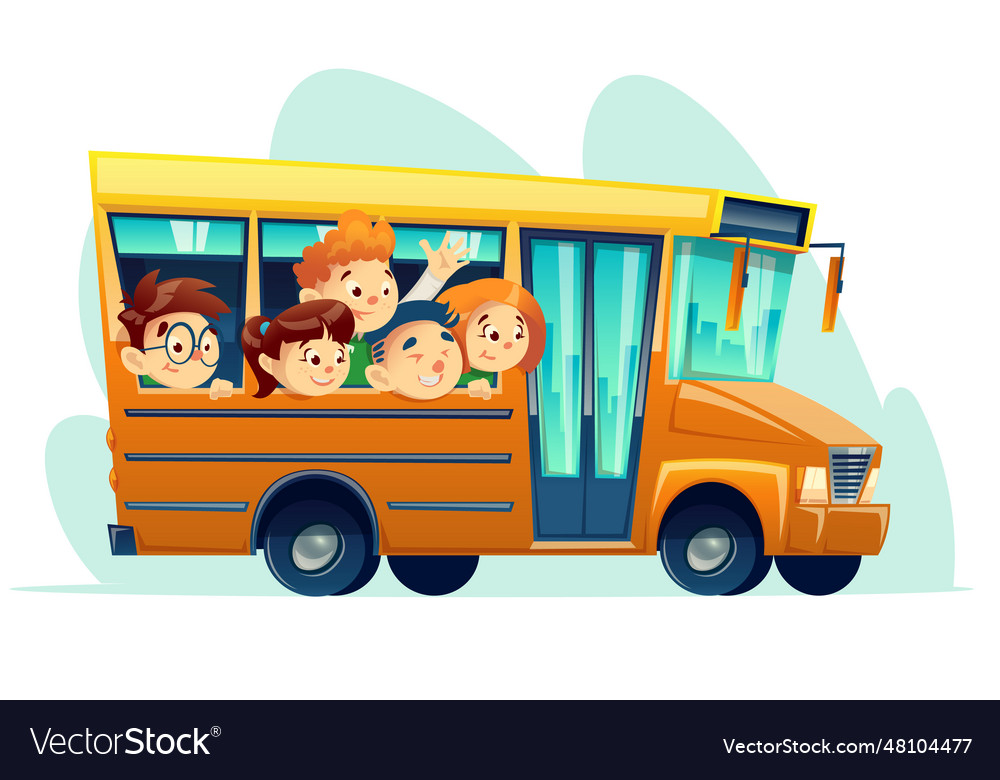 Cartoon school bus full of happy kids Royalty Free Vector