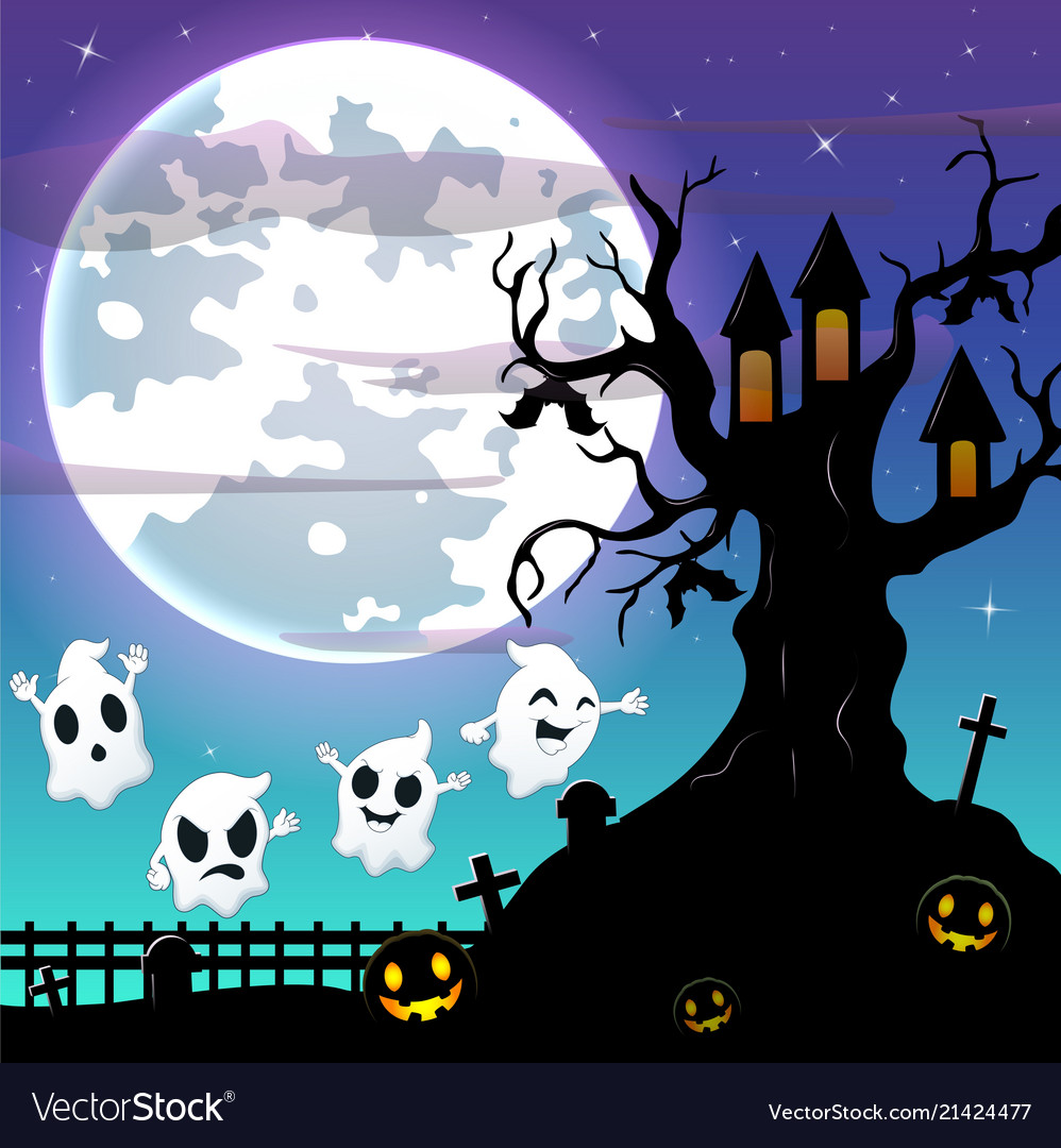 Halloween night background with flying ghost and b