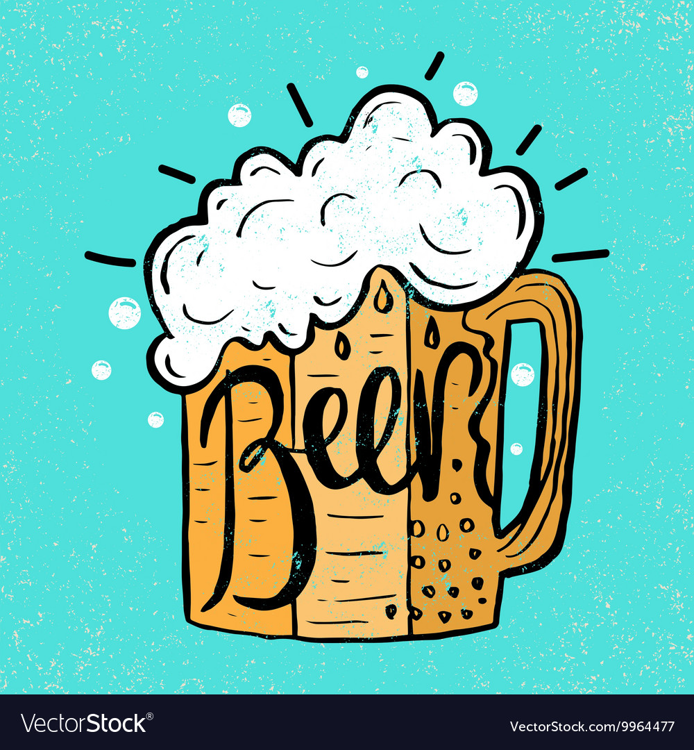 Hand drawn beer in glass mug with text