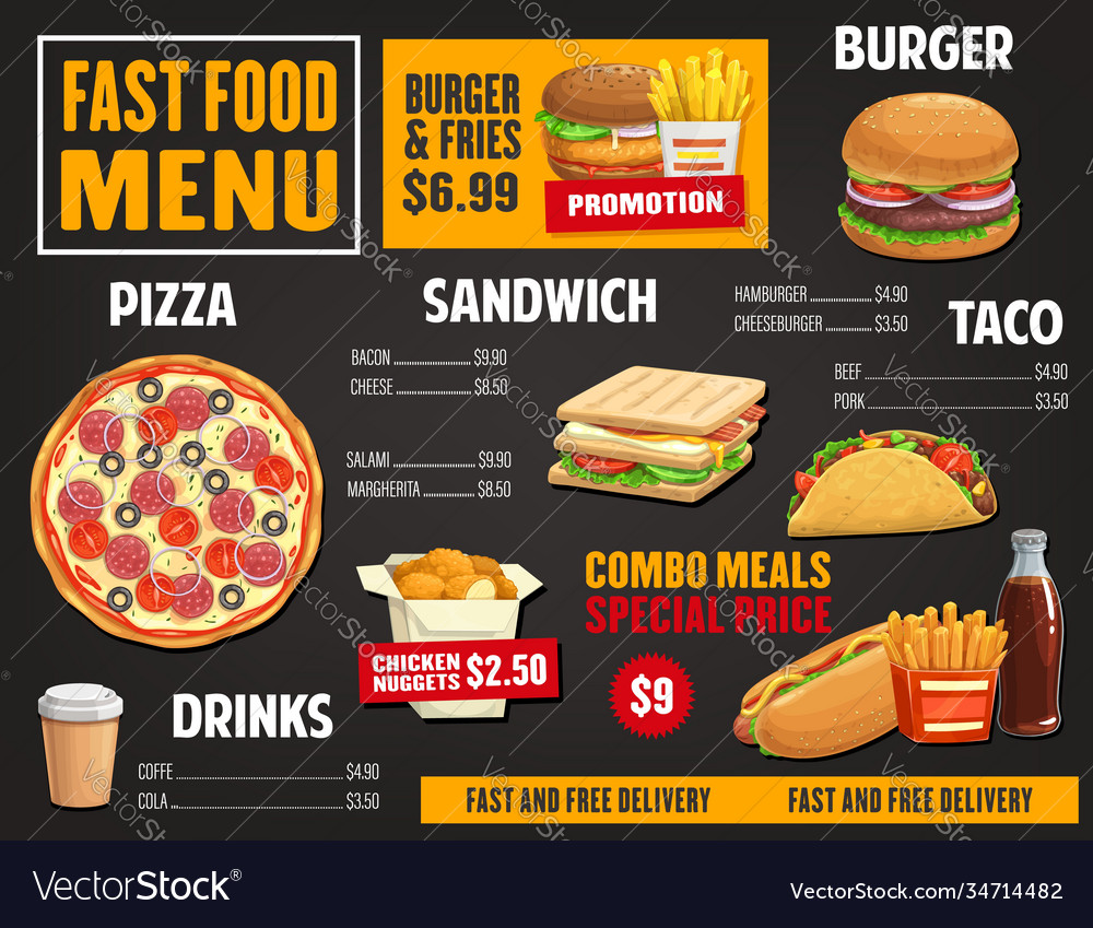 Fast Food Menu Template Takeaway Dishes Vector 34714482 