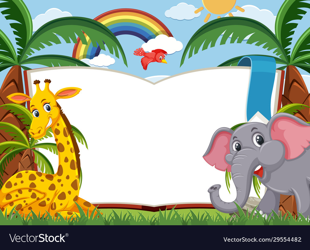 Scene with big blank book and wild animals Vector Image