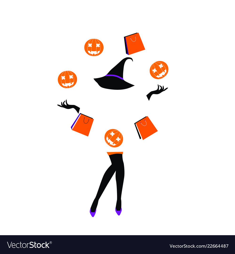 Halloween sale girl juggling bags and pumpkin