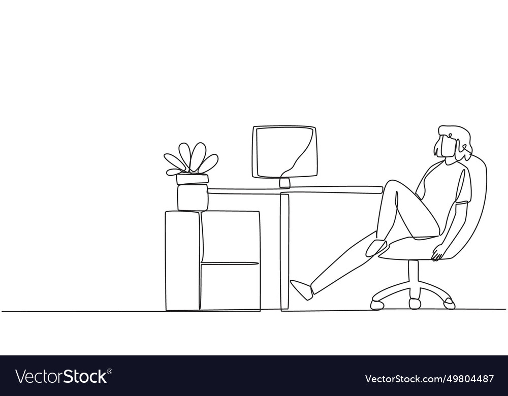 Single one line drawing woman sits in work chair