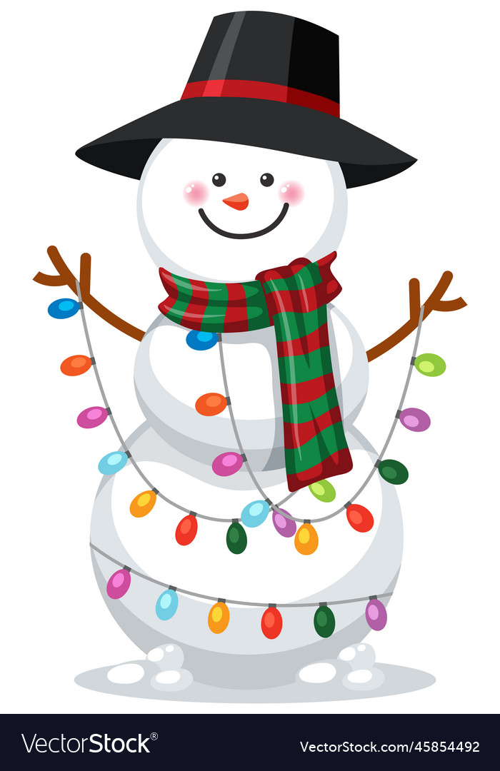 Snowman decorated with black hat and lightbulbs Vector Image