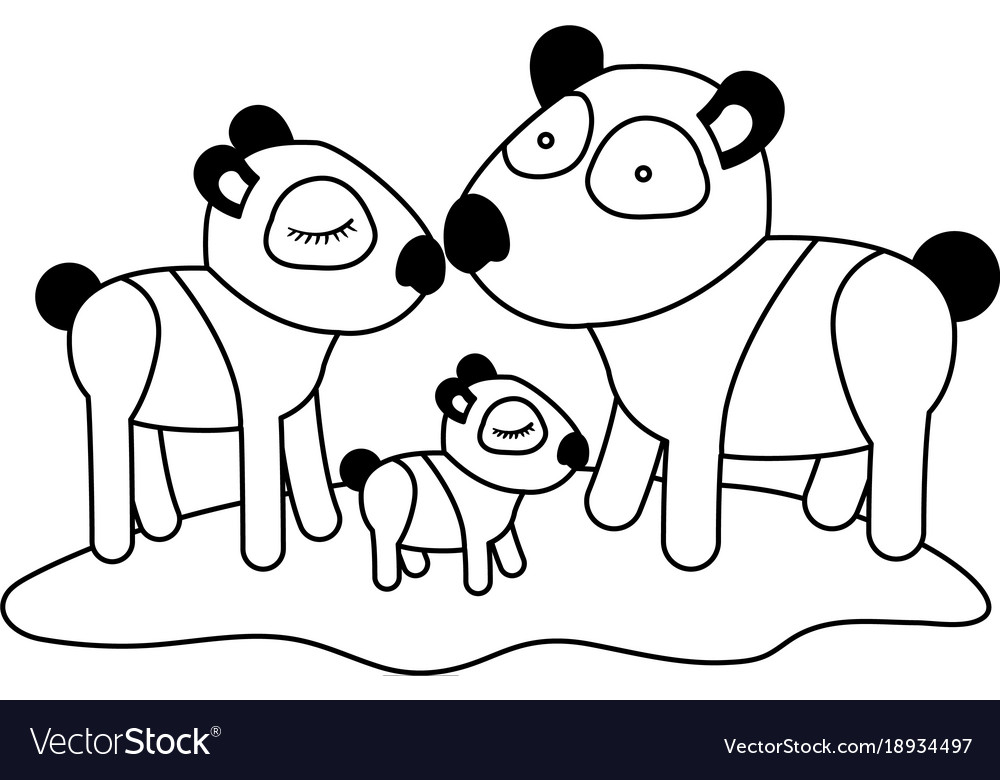 Cartoon pandas couple with cub over grass in black