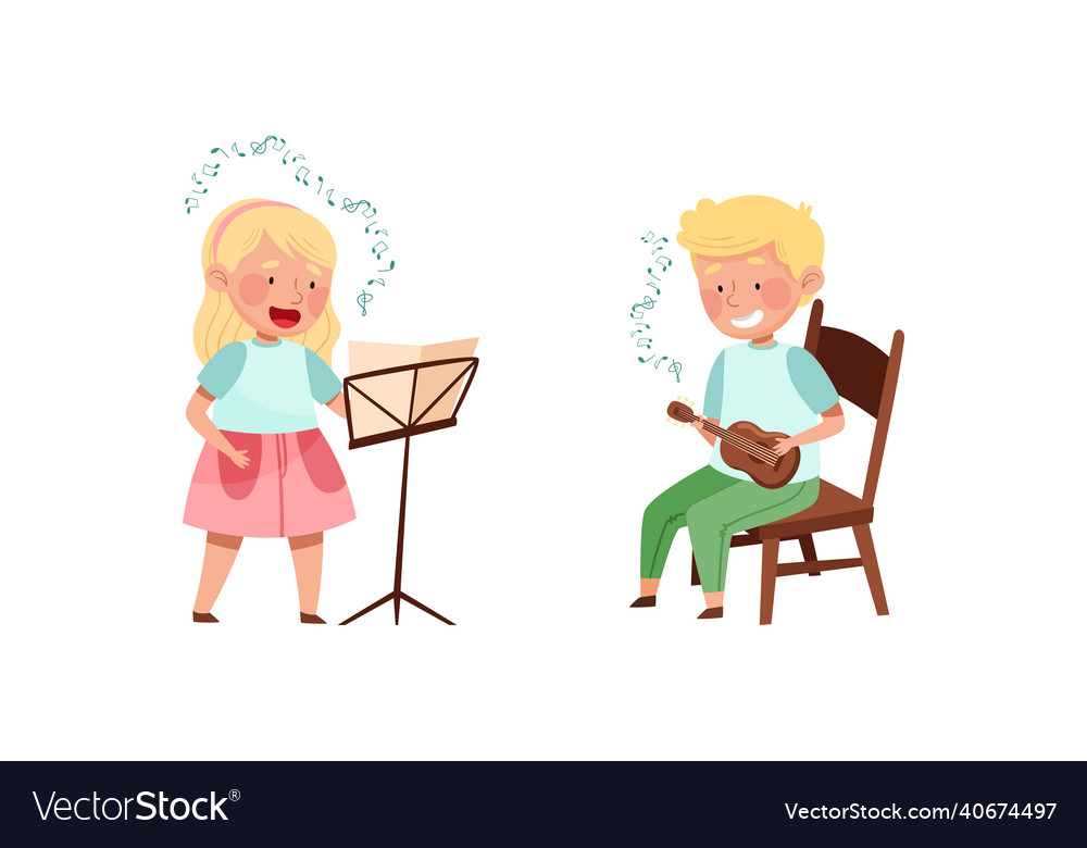 Cute kids playing music set boy and girl singing Vector Image