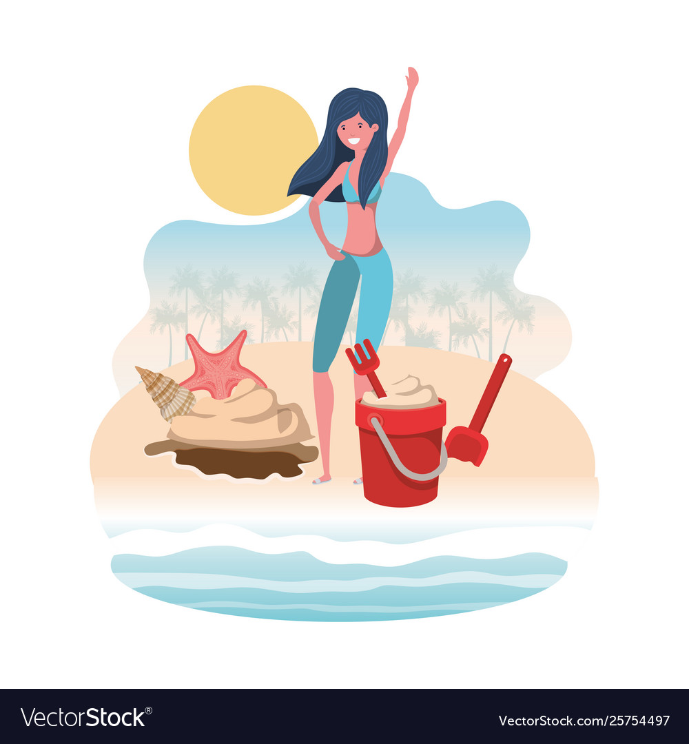 Woman on shore beach with sand bucket Royalty Free Vector