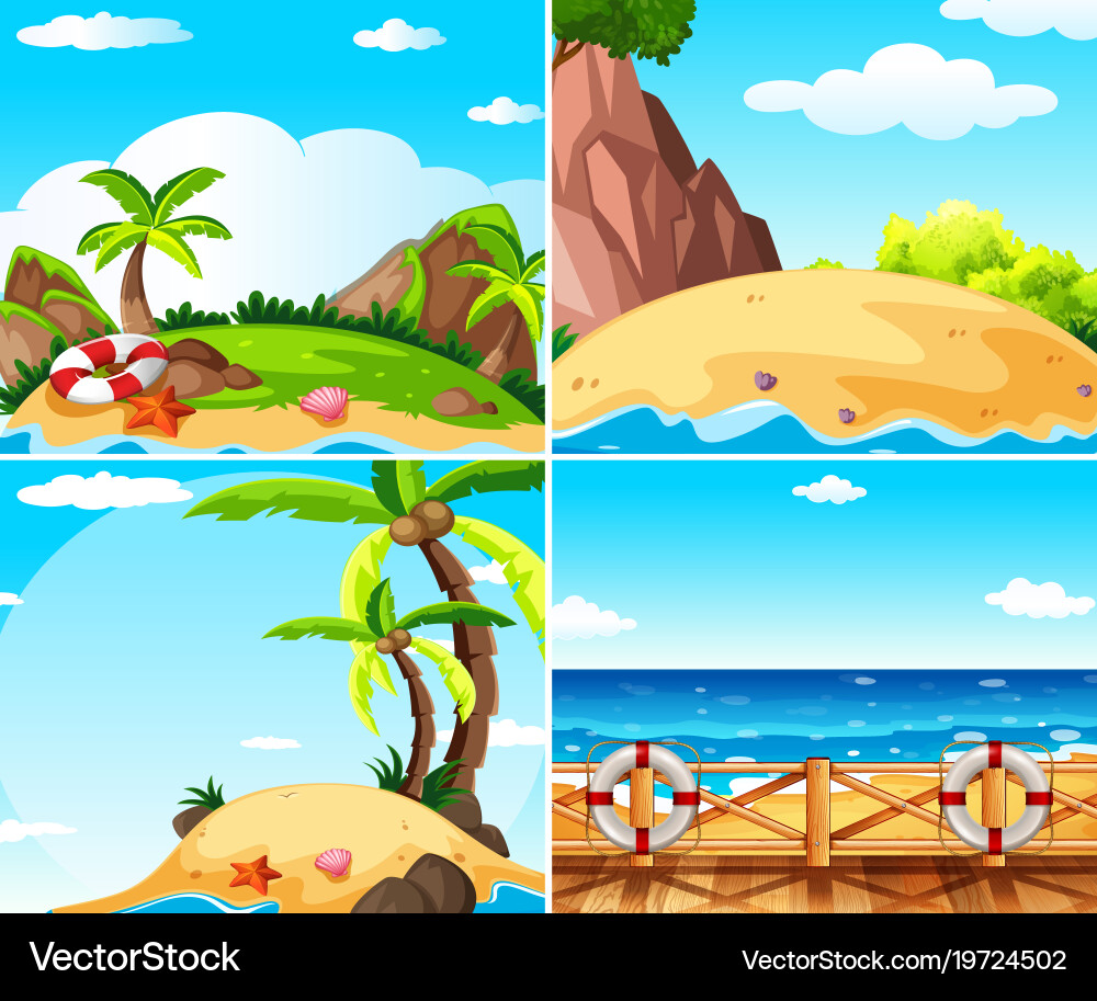Four scenes with island and ocean Royalty Free Vector Image