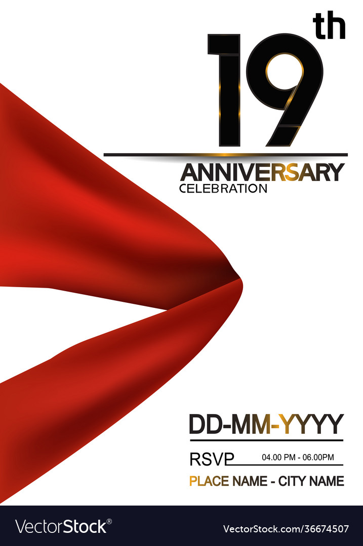 19 anniversary design with big red ribbon Vector Image