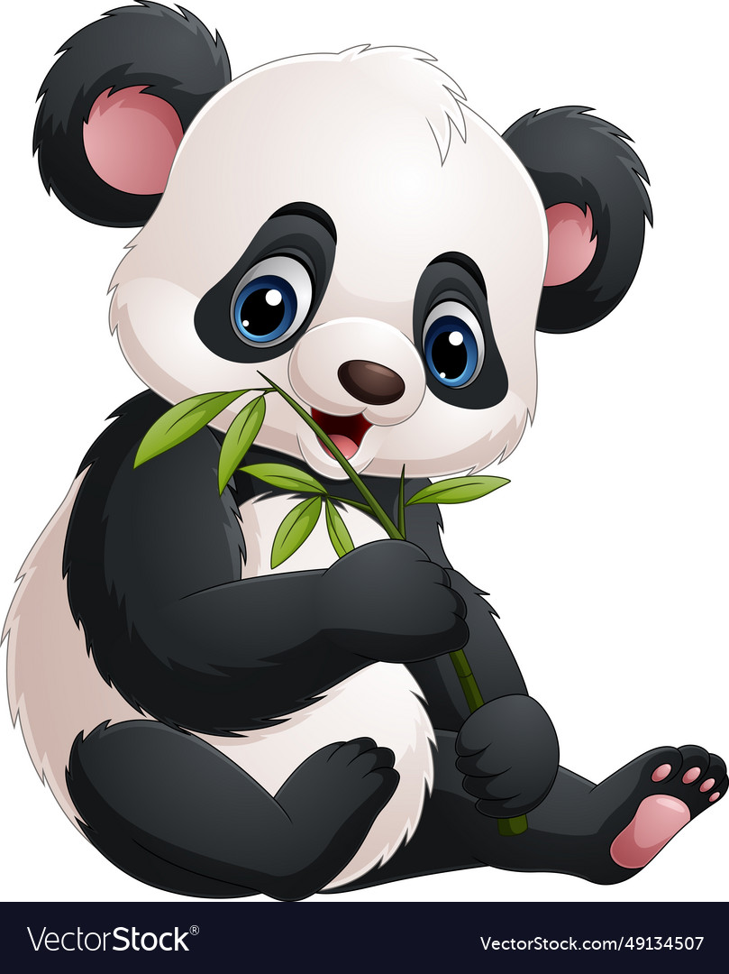 Cartoon funny panda eating bamboo leaves